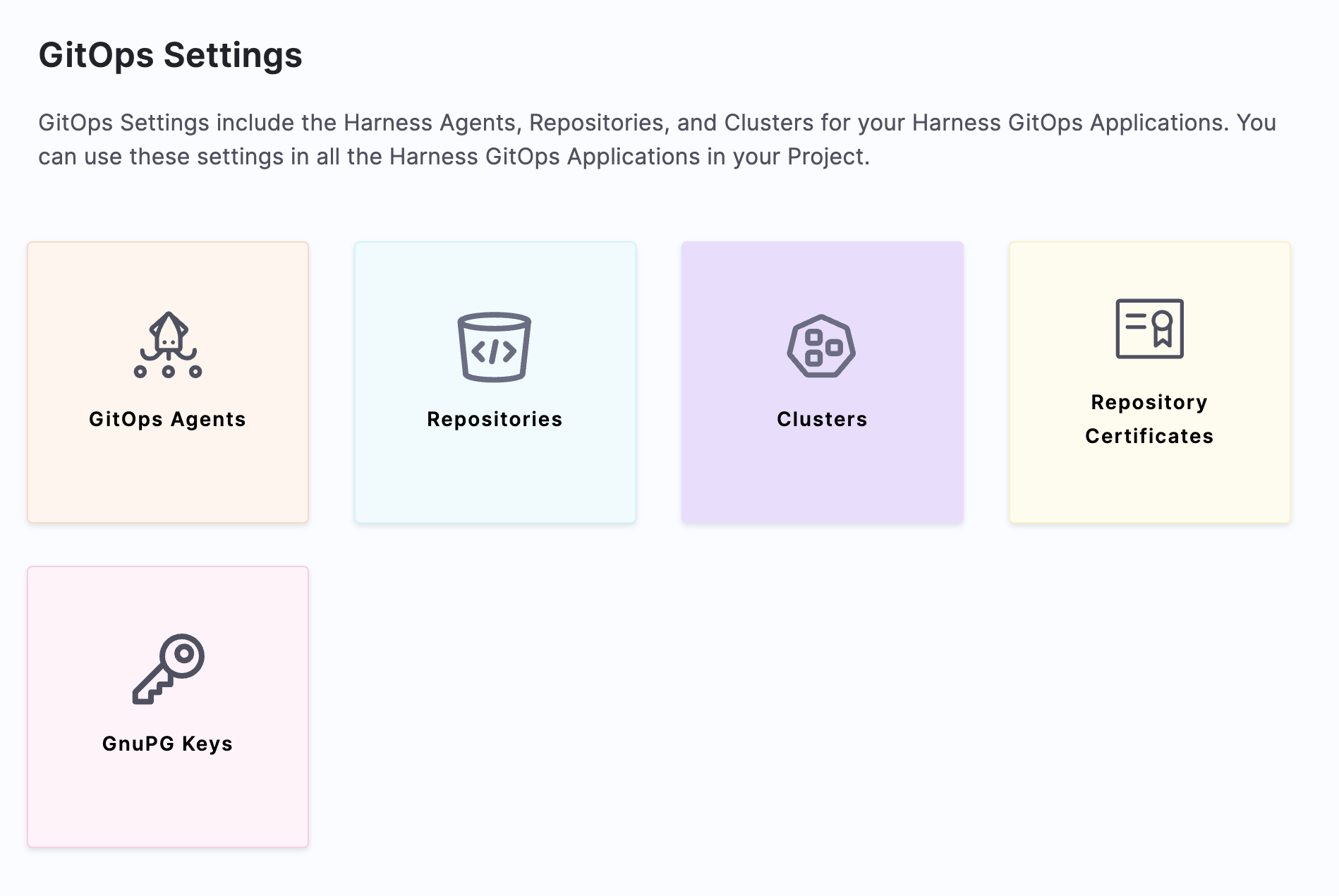 Screenshot showing the GitOps Settings page with options for Agents, Repositories, Clusters, and other entities
